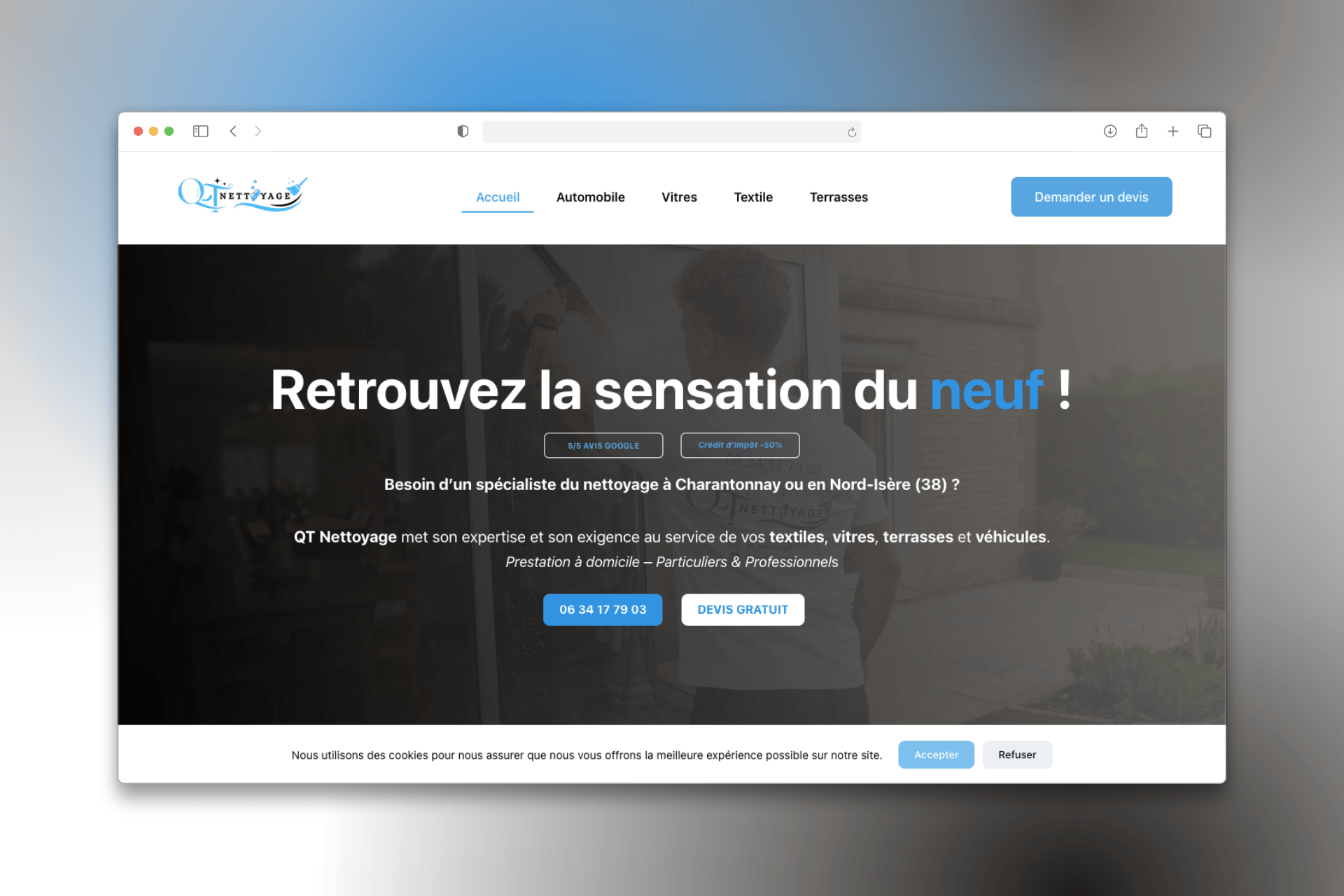 Page d'accueil du site vitrine QT Nettoyage