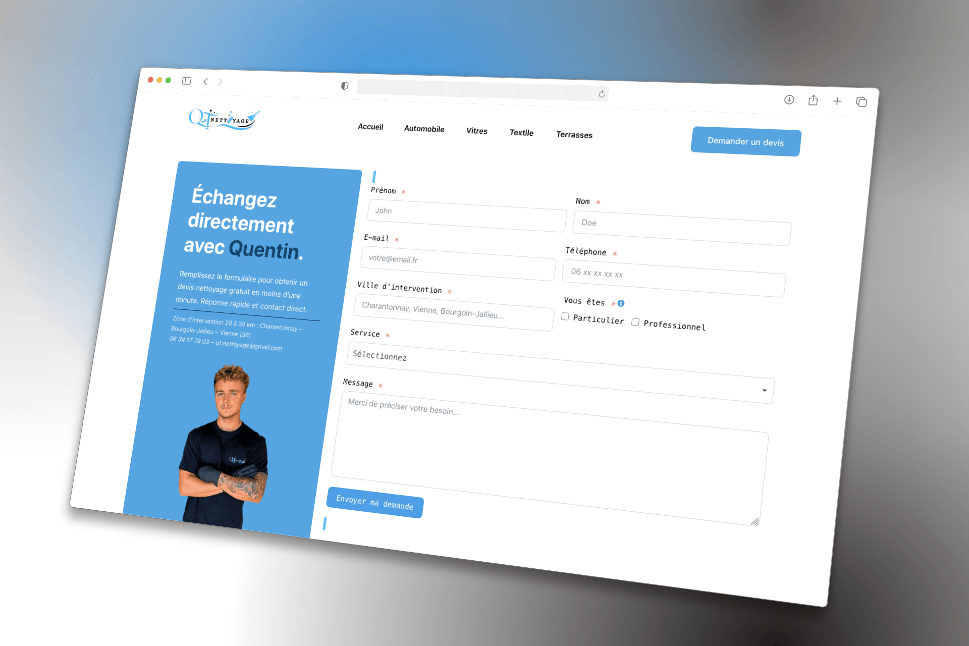 Formulaire de demande de devis express sur le site QT Nettoyage