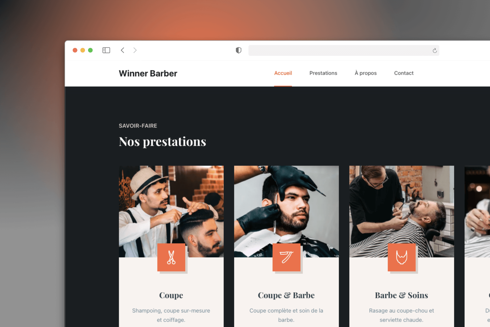 Section prestations sur le site vitrine de WinnerBarber